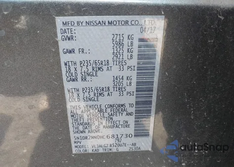 2017 Nissan Pathfinder Sl z USA, uszkodzony, nr VIN 5N1DR2MN0HC681730